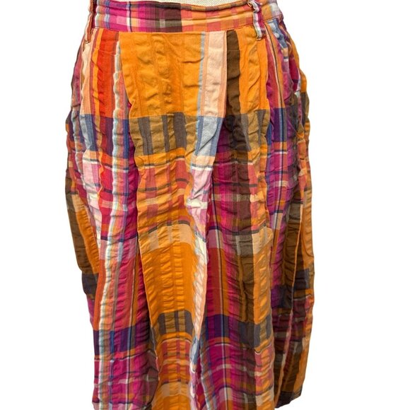 Anthropologie XS Crinkle Plaid Midi Skirt Multicolor Lightweight Cotton Blend El - Picture 1 of 10